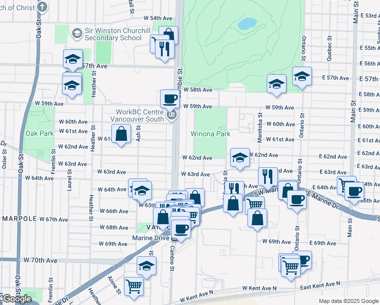 map of restaurants, bars, coffee shops, grocery stores, and more near 7789 Yukon Street in Vancouver
