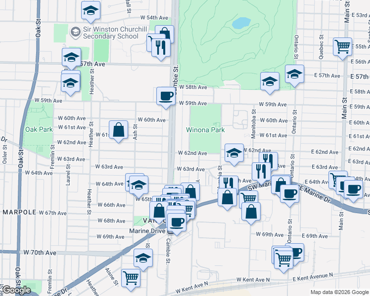 map of restaurants, bars, coffee shops, grocery stores, and more near 7789 Yukon Street in Vancouver