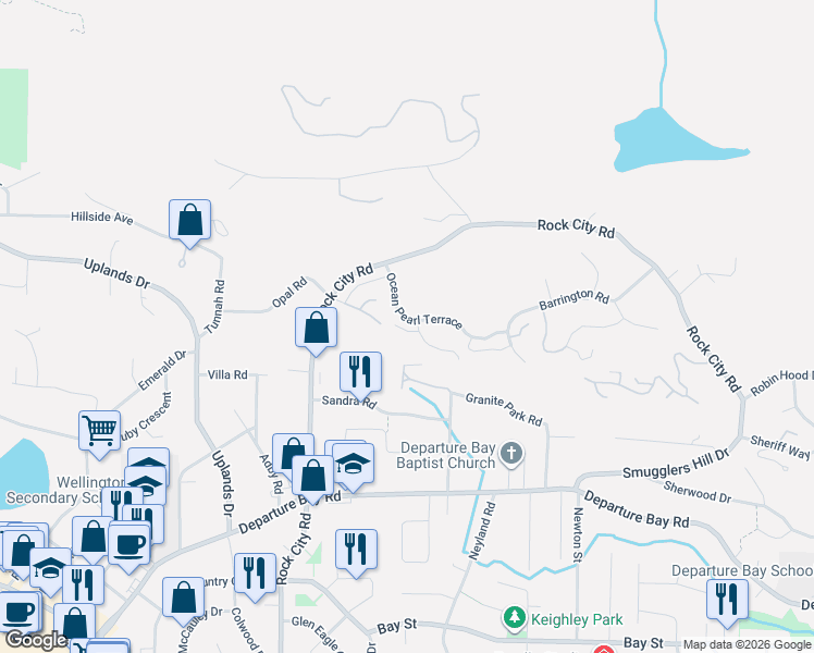 map of restaurants, bars, coffee shops, grocery stores, and more near 1217 Manzanita Place in Nanaimo