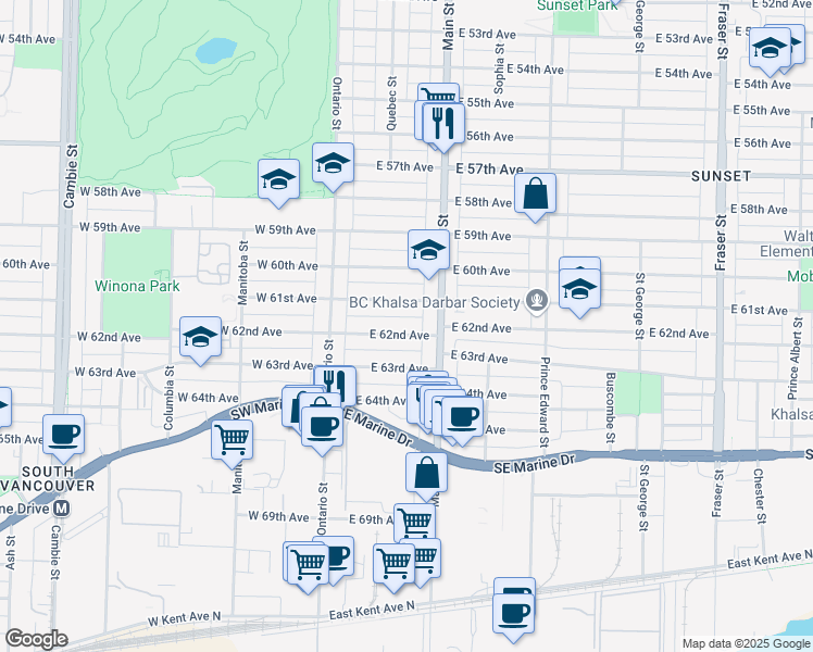 map of restaurants, bars, coffee shops, grocery stores, and more near 149 East 62nd Avenue in Vancouver