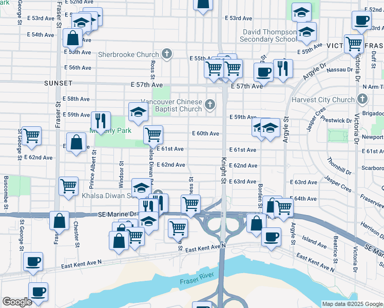 map of restaurants, bars, coffee shops, grocery stores, and more near 1308 East 61st Avenue in Vancouver