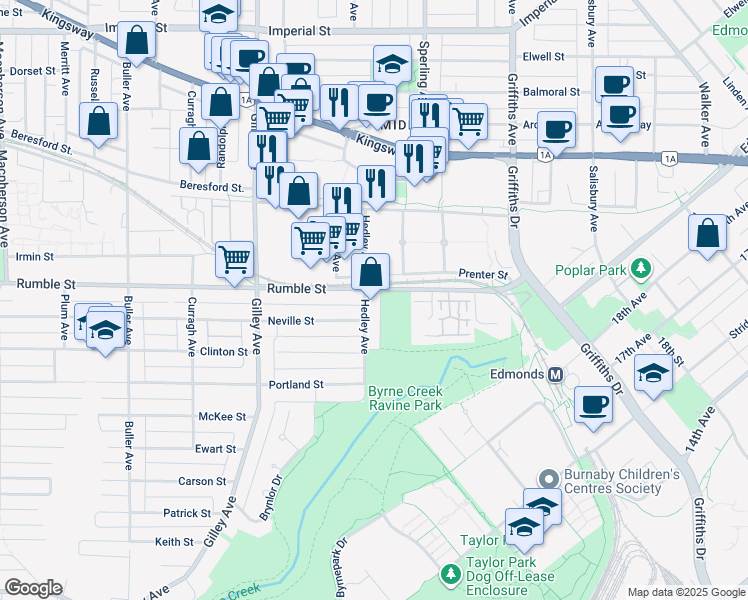 map of restaurants, bars, coffee shops, grocery stores, and more near 7626 Hedley Avenue in Burnaby