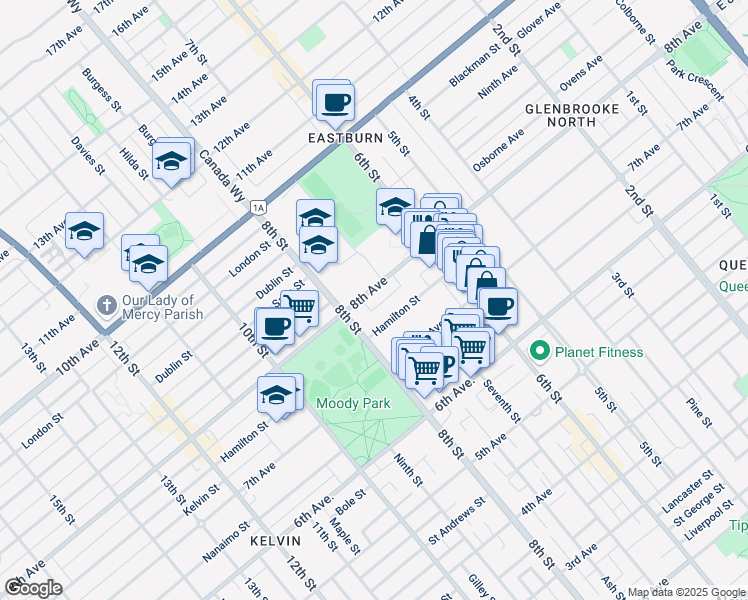 map of restaurants, bars, coffee shops, grocery stores, and more near 720 8th Avenue in New Westminster