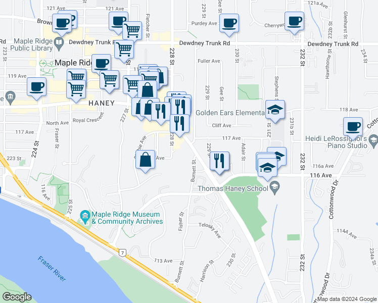 map of restaurants, bars, coffee shops, grocery stores, and more near 22855a Lougheed Highway in Maple Ridge