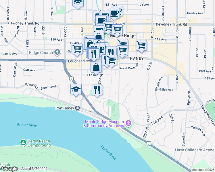 map of restaurants, bars, coffee shops, grocery stores, and more near in Maple Ridge