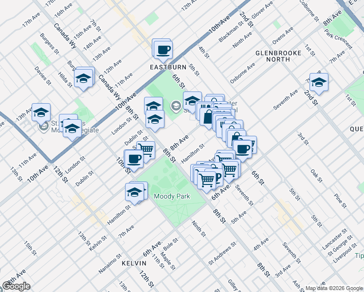 map of restaurants, bars, coffee shops, grocery stores, and more near 720 8th Avenue in New Westminster