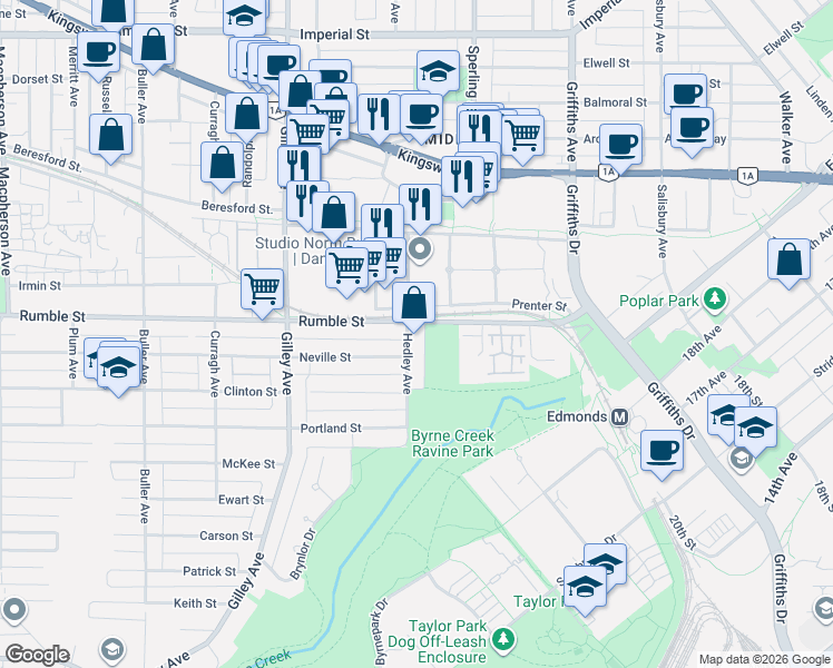 map of restaurants, bars, coffee shops, grocery stores, and more near 7626 Hedley Avenue in Burnaby