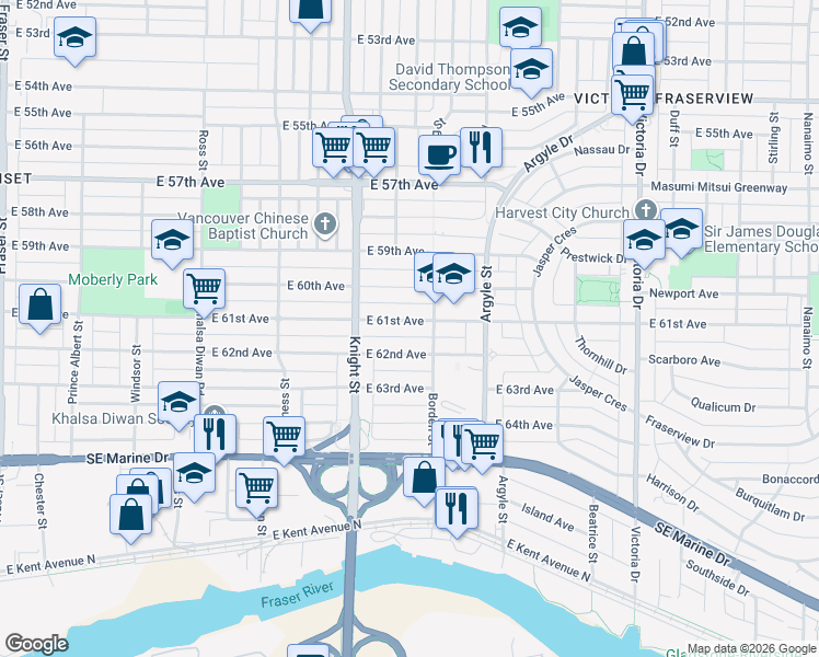 map of restaurants, bars, coffee shops, grocery stores, and more near in Vancouver