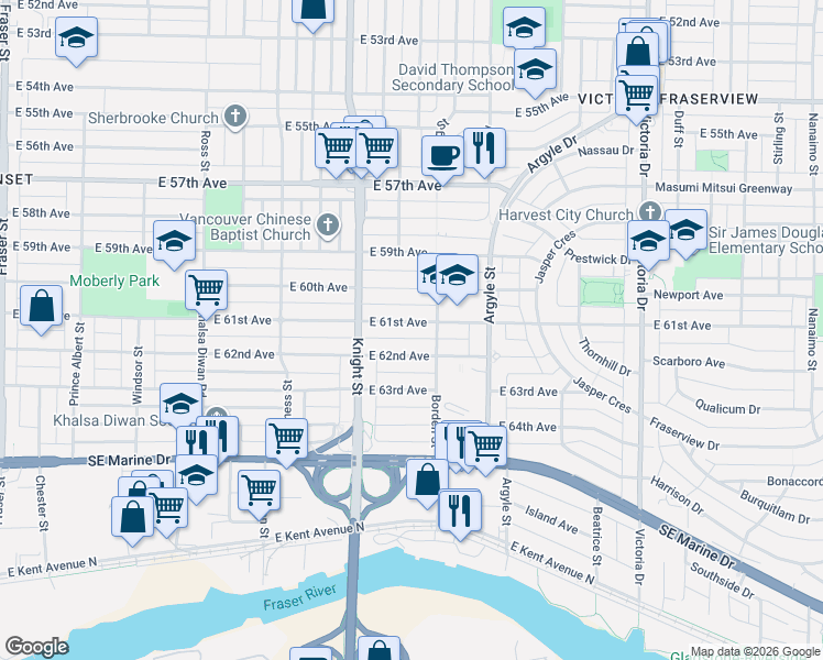 map of restaurants, bars, coffee shops, grocery stores, and more near 1538 East 61st Avenue in Vancouver