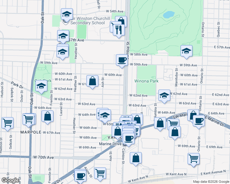 map of restaurants, bars, coffee shops, grocery stores, and more near in Vancouver