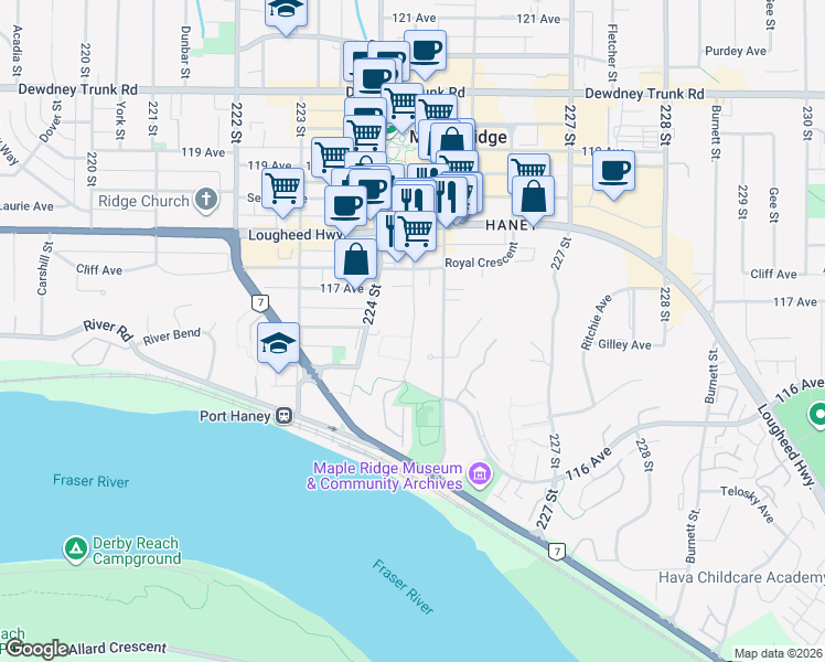 map of restaurants, bars, coffee shops, grocery stores, and more near 11671 Fraser St in Greater Vancouver Regional District
