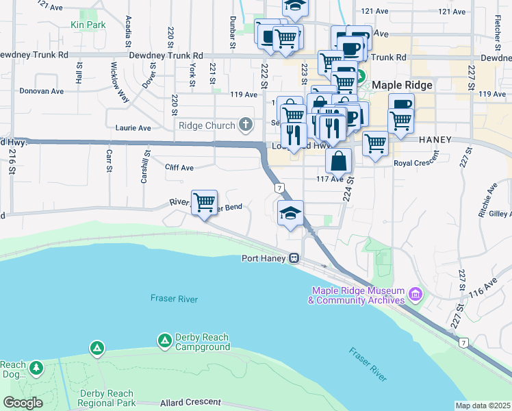 map of restaurants, bars, coffee shops, grocery stores, and more near 11731 Brookmere Court in Maple Ridge