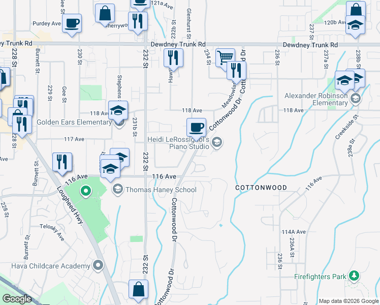 map of restaurants, bars, coffee shops, grocery stores, and more near 11706 Glenhurst Street in Maple Ridge
