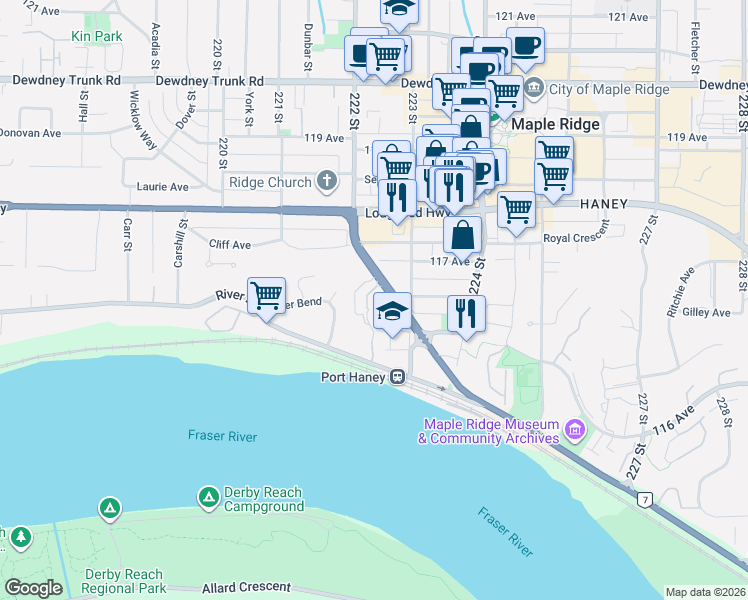 map of restaurants, bars, coffee shops, grocery stores, and more near 11667 Haney Bypass in Maple Ridge