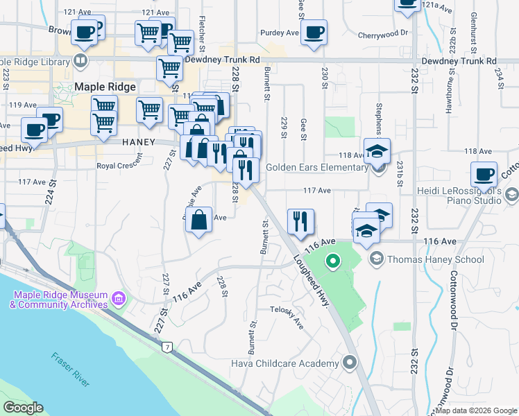 map of restaurants, bars, coffee shops, grocery stores, and more near 22855a Lougheed Highway in Maple Ridge