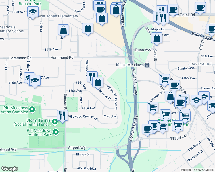 map of restaurants, bars, coffee shops, grocery stores, and more near 19814 Wildwood Crescent in Pitt Meadows