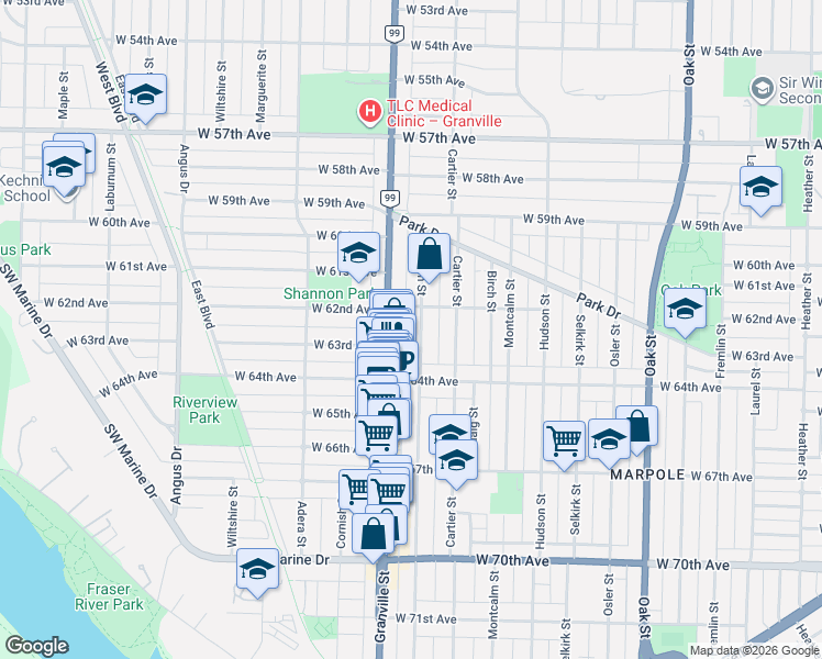 map of restaurants, bars, coffee shops, grocery stores, and more near 7865 French Street in Vancouver