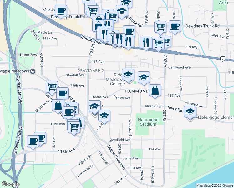 map of restaurants, bars, coffee shops, grocery stores, and more near 11730 Pinda Place in Maple Ridge
