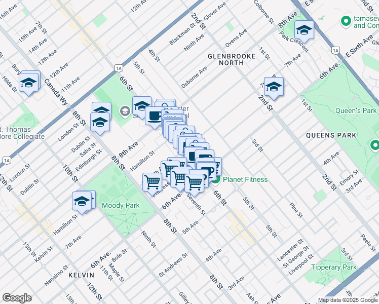 map of restaurants, bars, coffee shops, grocery stores, and more near 605 Seventh Avenue in New Westminster