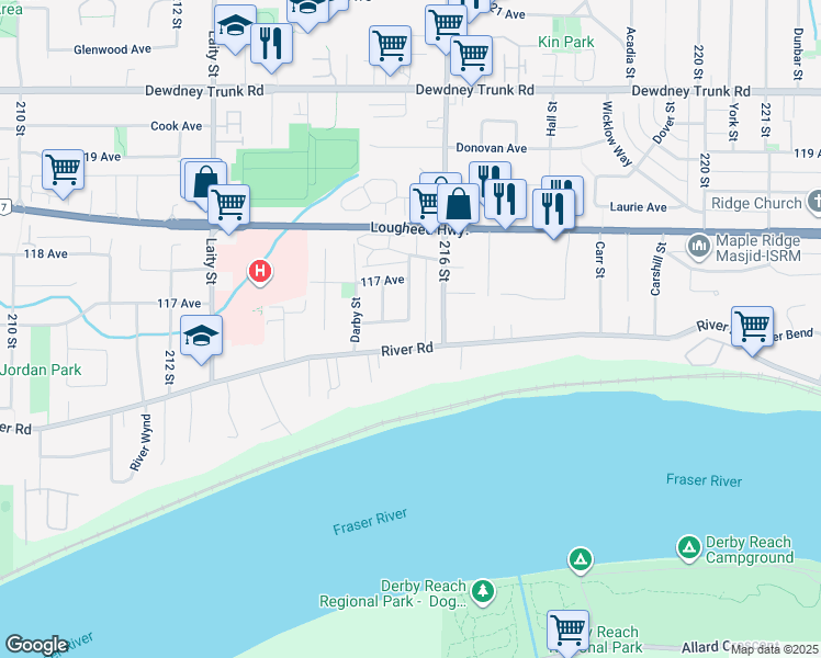 map of restaurants, bars, coffee shops, grocery stores, and more near 21554 Berry Avenue in Maple Ridge