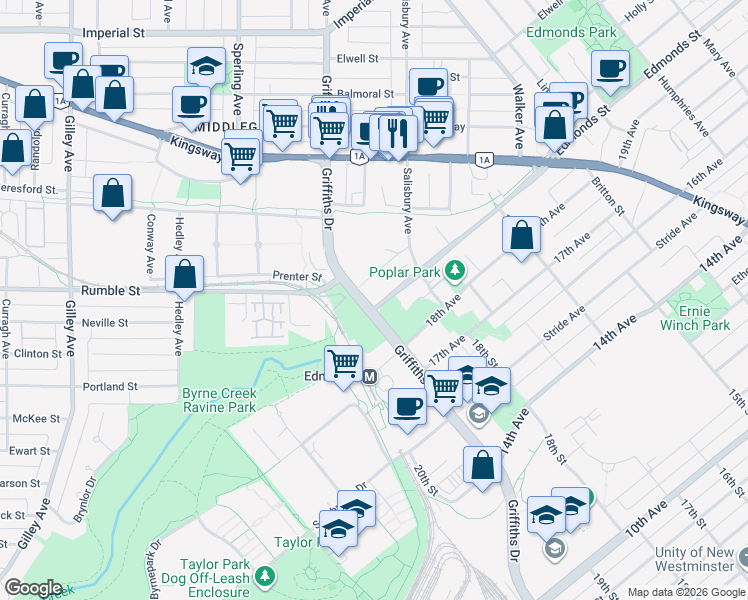 map of restaurants, bars, coffee shops, grocery stores, and more near 7000 21st Avenue in Burnaby