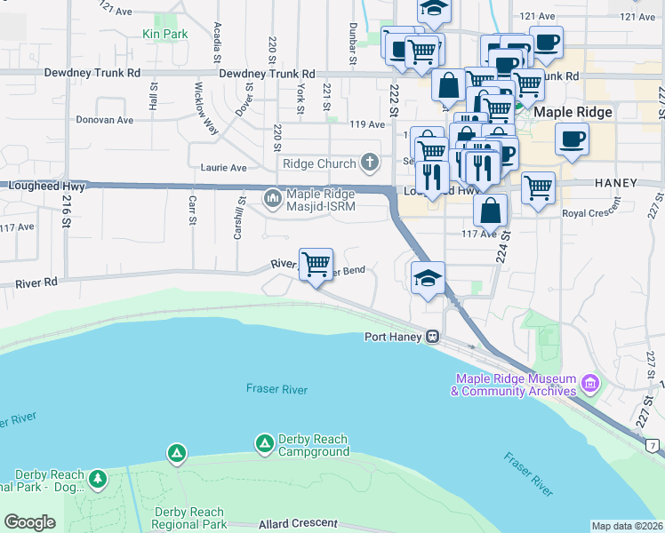 map of restaurants, bars, coffee shops, grocery stores, and more near 22107 River Bend in Maple Ridge