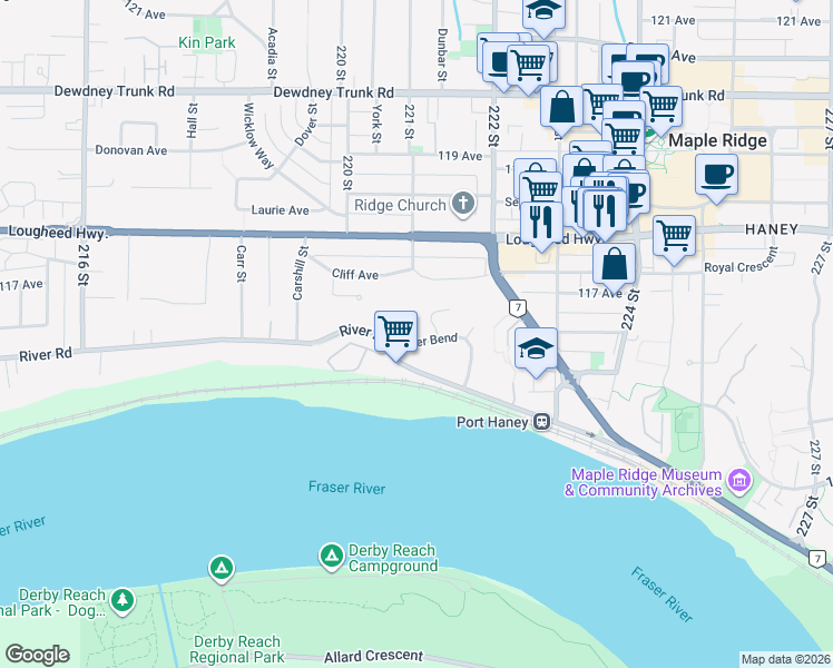 map of restaurants, bars, coffee shops, grocery stores, and more near 11727 Driftwood Drive in Maple Ridge