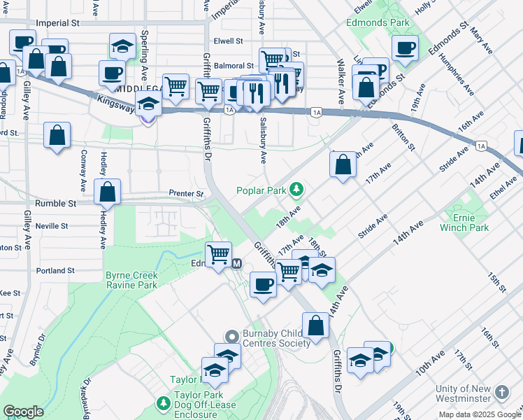 map of restaurants, bars, coffee shops, grocery stores, and more near 7090 Edmonds Street in Burnaby