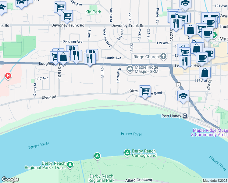 map of restaurants, bars, coffee shops, grocery stores, and more near 21893 River Road in Maple Ridge