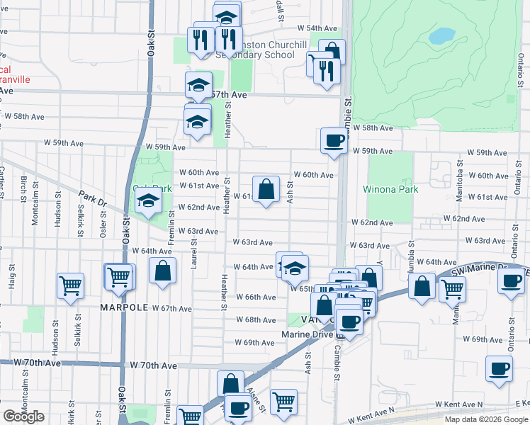 map of restaurants, bars, coffee shops, grocery stores, and more near 729 West 62nd Avenue in Vancouver