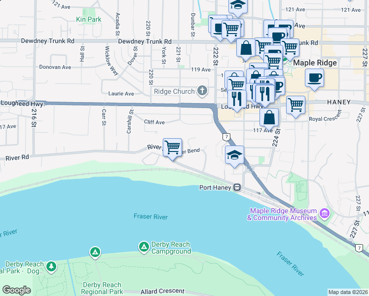 map of restaurants, bars, coffee shops, grocery stores, and more near 11727 Driftwood Drive in Maple Ridge