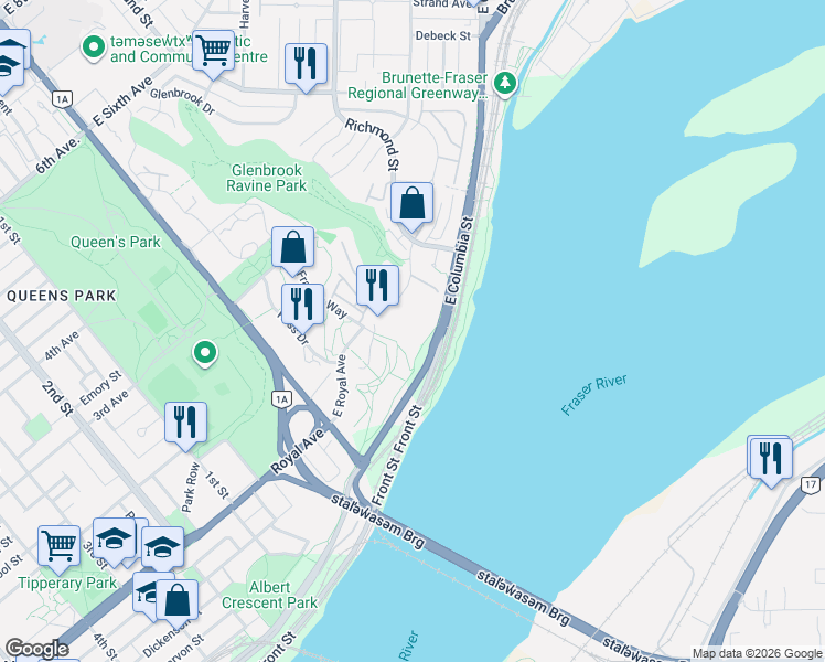 map of restaurants, bars, coffee shops, grocery stores, and more near 69 Jamieson Court in New Westminster