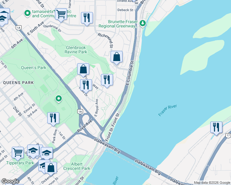 map of restaurants, bars, coffee shops, grocery stores, and more near 69 Jamieson Court in New Westminster