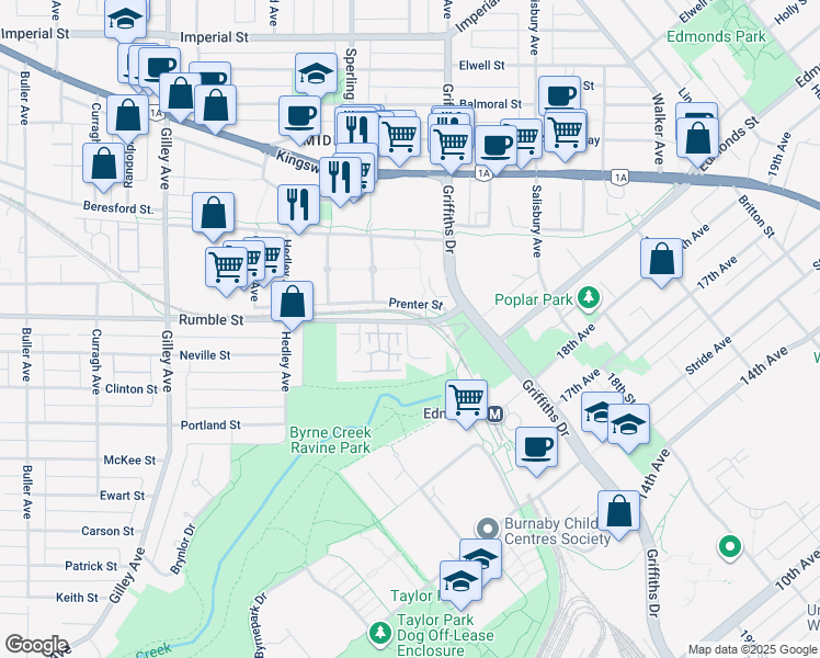 map of restaurants, bars, coffee shops, grocery stores, and more near 6820 Rumble Street in Burnaby