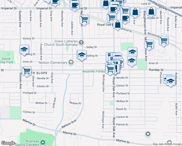 map of restaurants, bars, coffee shops, grocery stores, and more near 7629 Arthur Avenue in Burnaby
