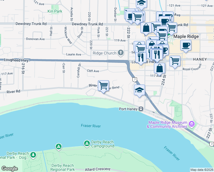 map of restaurants, bars, coffee shops, grocery stores, and more near 11727 Driftwood Drive in Maple Ridge