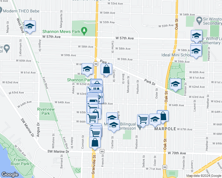 map of restaurants, bars, coffee shops, grocery stores, and more near 7851 Cartier Street in Vancouver