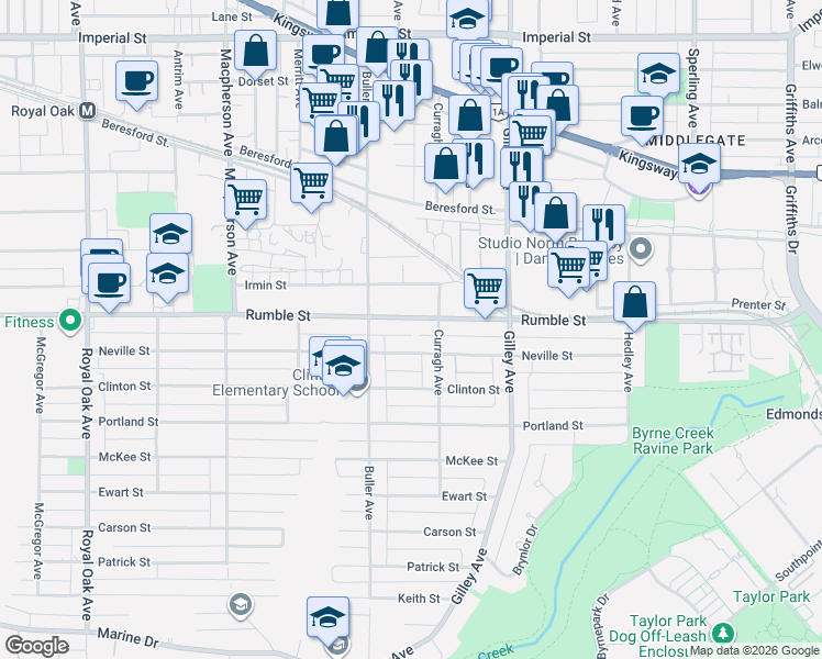 map of restaurants, bars, coffee shops, grocery stores, and more near 6011 Rumble Street in Burnaby