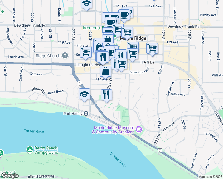 map of restaurants, bars, coffee shops, grocery stores, and more near in Maple Ridge