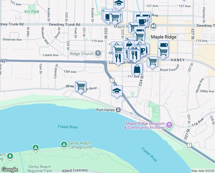 map of restaurants, bars, coffee shops, grocery stores, and more near in Maple Ridge