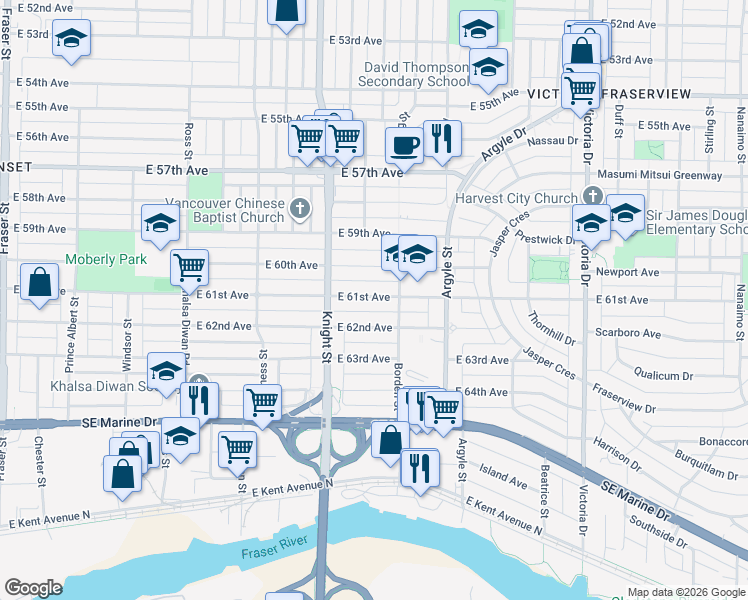 map of restaurants, bars, coffee shops, grocery stores, and more near in Vancouver