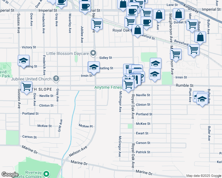 map of restaurants, bars, coffee shops, grocery stores, and more near 7632 Arthur Avenue in Burnaby