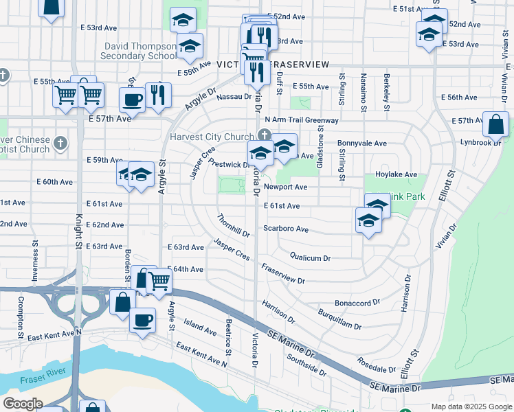 map of restaurants, bars, coffee shops, grocery stores, and more near Victoria Dr & E 61st Ave in Vancouver
