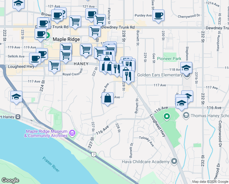 map of restaurants, bars, coffee shops, grocery stores, and more near 11685 Fulton Street in Maple Ridge
