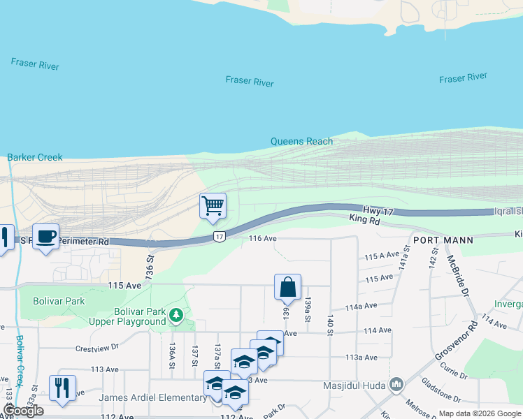 map of restaurants, bars, coffee shops, grocery stores, and more near 13848 117 Avenue in Surrey