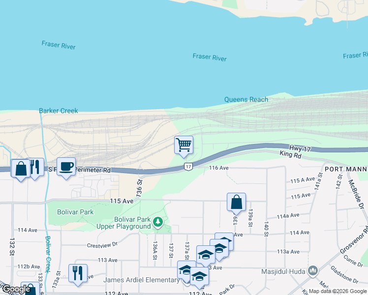 map of restaurants, bars, coffee shops, grocery stores, and more near 13761 116 Avenue in Surrey