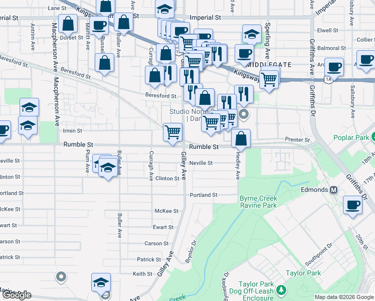 map of restaurants, bars, coffee shops, grocery stores, and more near in Burnaby