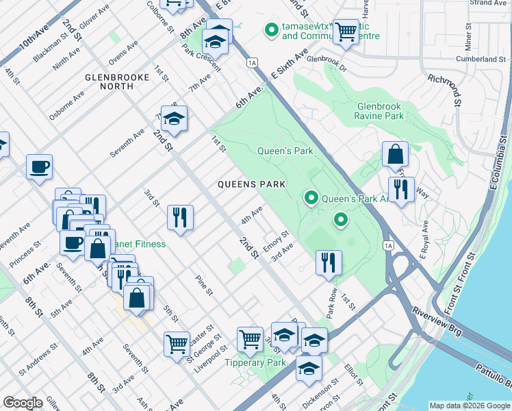 map of restaurants, bars, coffee shops, grocery stores, and more near 45 4th Avenue in New Westminster