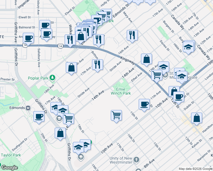 map of restaurants, bars, coffee shops, grocery stores, and more near 7570 15th Street in Burnaby