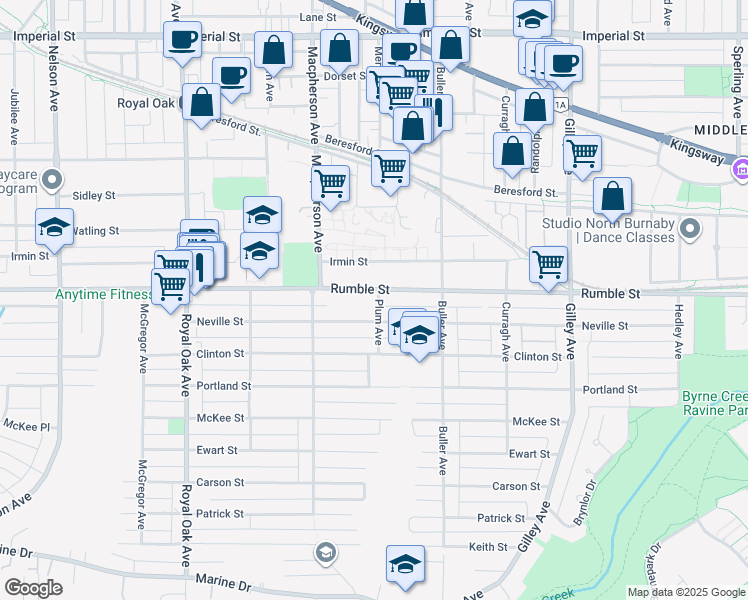map of restaurants, bars, coffee shops, grocery stores, and more near 7633 Plum Avenue in Burnaby
